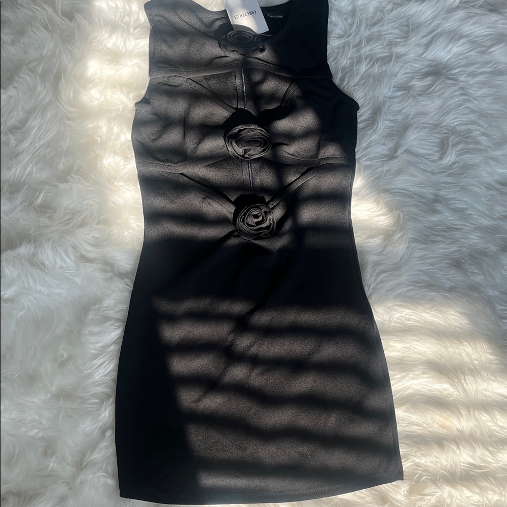Forever 21 Black Asymmetrical Dress with Floral Accents